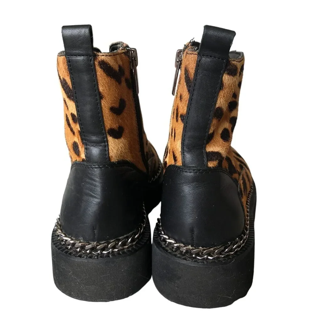 Vince Camuto Mindinta Cowhair and Leather Leopard Print Combat Ankle Boots 5.5‎
